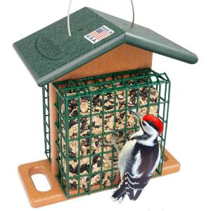 imageDutchCrafters Amish Poly Recycled Plastic Hanging Double Suet Feeder with Covered Roof Perches  Two Cage Bird Seed Block Cake Holder  Made in USA Tudor Brown ampamp WeatherwoodTurf Green  Cedar