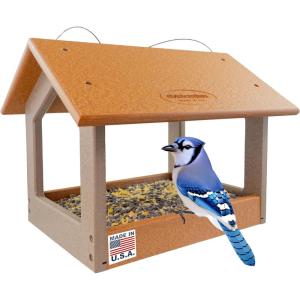 imageDutchCrafters Amish USA Made Recycled Plastic Large Hanging Modern Fly Through Covered Roof Open Platform Tray Bird Feeder for Outdoors Garden Yard Turf Green ampamp Bright CedarCedar  Weatherwood