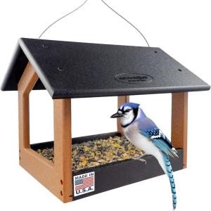 imageDutchCrafters Amish USA Made Recycled Plastic Large Hanging Modern Fly Through Covered Roof Open Platform Tray Bird Feeder for Outdoors Garden Yard Turf Green ampamp Bright CedarBlack  Bright Cedar