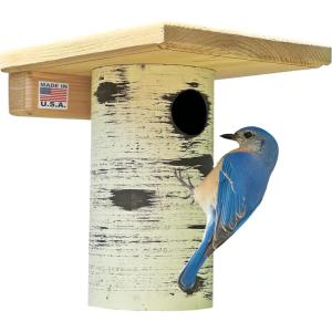 imageDutchCrafters Cedar Wood Pole Mount Gilbertson Bluebird House with Removable Base Weatherproof Wooden Birdhouse Blue Bird Nesting Box for OutdoorsNatural