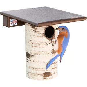 imageDutchCrafters Cedar Wood Pole Mount Gilbertson Bluebird House with Removable Base Weatherproof Wooden Birdhouse Blue Bird Nesting Box for OutdoorsPoly Roof