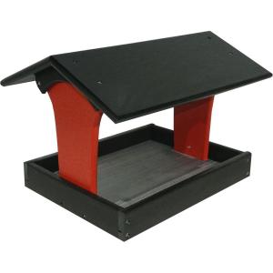 imageDutchCrafters Fly by Plastic Poly Post Mount Bird Feeder with Covered Roof for Wild Birds  Durable All Weather Birdfeeder Tray for Outdoors Tudor Brown ampamp Weathered WoodBlack  Bright Red