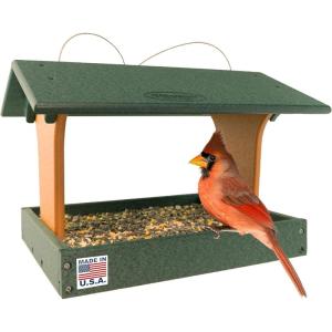 imageDutchCrafters Plastic Poly Covered Roof Hanging Fly Through Bird Feeder Open Side Platform Seed Tray for Outside Outdoor Garden  Amish American Made in USA Tudor Brown ampamp WeatherwoodTurf Green  Cedar