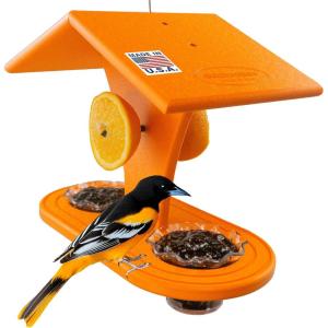 imageDutchCrafters Plastic Poly Hanging Orange Oriole Bird Feeder with Grape Jelly Cup and Fruit Slice Holders Baltimore Oriole Feeder for Outdoor Outside Orange Double CupOrange