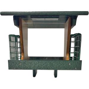 imageDutchCrafters Poly Post Mount Hopper Bird Feeder with Two Suet Cake Cages Post Mounted Outdoor Wild Bird Feeder for Outside Turf Green ampamp Bright CedarTurf Green  Bright Cedar
