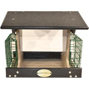 imageDutchCrafters Poly Post Mount Hopper Bird Feeder with Two Suet Cake Cages Post Mounted Outdoor Wild Bird Feeder for Outside Turf Green ampamp Bright CedarMilwaukee Brown  Weatherwood