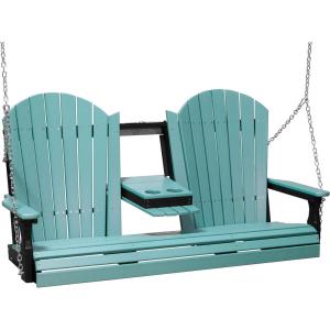 imageLuxCraft 5 Adirondack Hanging Front Porch Swing with Flip Down Console Seats Up to 3 Outdoor Patio Swing Bench for Outside Birch ampamp WhiteAruba on Black