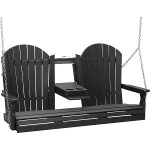 imageLuxCraft 5 Adirondack Hanging Front Porch Swing with Flip Down Console Seats Up to 3 Outdoor Patio Swing Bench for Outside Birch ampamp WhiteBlack