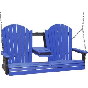 imageLuxCraft 5 Adirondack Hanging Front Porch Swing with Flip Down Console Seats Up to 3 Outdoor Patio Swing Bench for Outside Birch ampamp WhiteBlue on Black