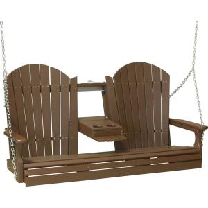 imageLuxCraft 5 Adirondack Hanging Front Porch Swing with Flip Down Console Seats Up to 3 Outdoor Patio Swing Bench for Outside Birch ampamp WhiteChestnut Brown