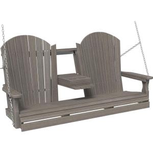 imageLuxCraft 5 Adirondack Hanging Front Porch Swing with Flip Down Console Seats Up to 3 Outdoor Patio Swing Bench for Outside Birch ampamp WhiteCoastal Gray