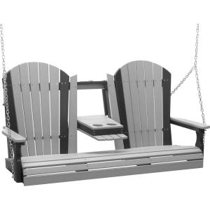 imageLuxCraft 5 Adirondack Hanging Front Porch Swing with Flip Down Console Seats Up to 3 Outdoor Patio Swing Bench for Outside Birch ampamp WhiteDove Gray on Black