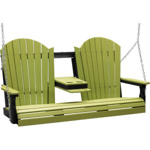 imageLuxCraft 5 Adirondack Hanging Front Porch Swing with Flip Down Console Seats Up to 3 Outdoor Patio Swing Bench for Outside Birch ampamp WhiteLime Green on Black