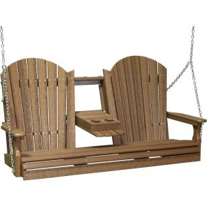 imageLuxCraft 5 Adirondack Hanging Front Porch Swing with Flip Down Console Seats Up to 3 Outdoor Patio Swing Bench for Outside Birch ampamp WhitePremium  Antique Mahogany