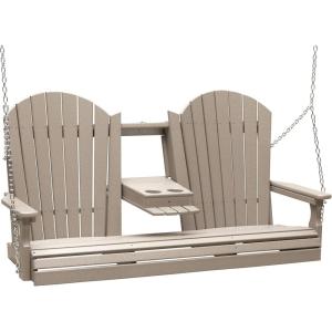 imageLuxCraft 5 Adirondack Hanging Front Porch Swing with Flip Down Console Seats Up to 3 Outdoor Patio Swing Bench for Outside Birch ampamp WhiteWeatherwood