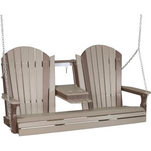 imageLuxCraft 5 Adirondack Hanging Front Porch Swing with Flip Down Console Seats Up to 3 Outdoor Patio Swing Bench for Outside Birch ampamp WhiteWeatherwood  Chestnut Brown