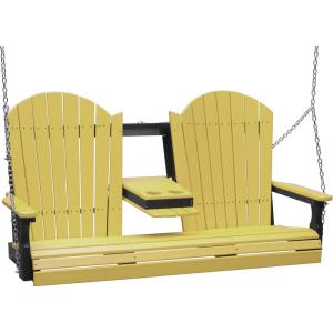 imageLuxCraft 5 Adirondack Hanging Front Porch Swing with Flip Down Console Seats Up to 3 Outdoor Patio Swing Bench for Outside Birch ampamp WhiteYellow on Black