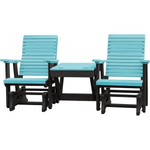 imageDutchCrafters Modern Horizontal Slat High Back Poly Double Glider Chairs with Center Table Outdoor Patio Furniture Black ampamp WeatherwoodBlack  Aruba Blue