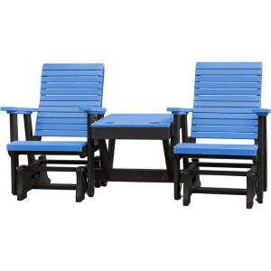 imageDutchCrafters Modern Horizontal Slat High Back Poly Double Glider Chairs with Center Table Outdoor Patio Furniture Black ampamp WeatherwoodBlack  Blue