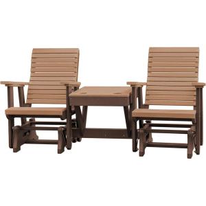 imageDutchCrafters Modern Horizontal Slat High Back Poly Double Glider Chairs with Center Table Outdoor Patio Furniture Black ampamp WeatherwoodTudor Brown  Cedar