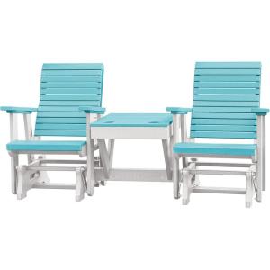 imageDutchCrafters Modern Horizontal Slat High Back Poly Double Glider Chairs with Center Table Outdoor Patio Furniture Black ampamp WeatherwoodWhite  Aruba Blue