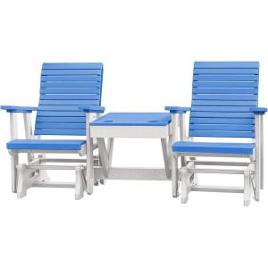 imageDutchCrafters Modern Horizontal Slat High Back Poly Double Glider Chairs with Center Table Outdoor Patio Furniture Black ampamp WeatherwoodWhite  Blue