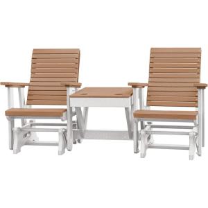 imageDutchCrafters Modern Horizontal Slat High Back Poly Double Glider Chairs with Center Table Outdoor Patio Furniture Black ampamp WeatherwoodWhite  Cedar