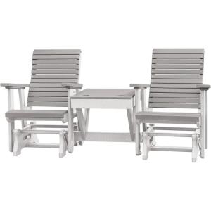 imageDutchCrafters Modern Horizontal Slat High Back Poly Double Glider Chairs with Center Table Outdoor Patio Furniture Black ampamp WeatherwoodWhite  Light Gray