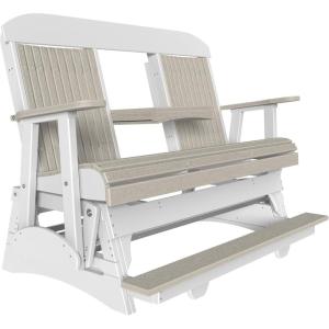 imageLuxCraft 5 Classic Balcony Poly Outdoor Glider Chair with Center Console Glider Rocking Chair with Footrest with Flip Up Console for Two or Three Person Seating Weatherwood amp Chestnut BrownBirch  White