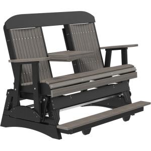 imageLuxCraft 5 Classic Balcony Poly Outdoor Glider Chair with Center Console Glider Rocking Chair with Footrest with Flip Up Console for Two or Three Person Seating Weatherwood amp Chestnut BrownCoastal Gray  Black