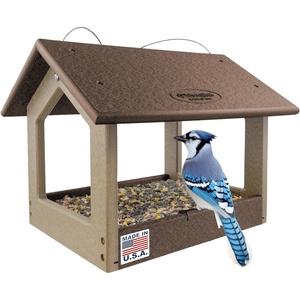 image:imageDutchCrafters Amish USA Made Recycled Plastic Large Hanging Modern Fly Through Covered Roof Open Platform Tray Bird Feeder for Outdoors Garden Yard Black amp RedTudor Brown  Weatherwood