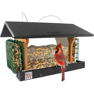 image:imageDutchCrafters Large Plastic Poly Hopper Bird Feeder with Two Suet Cages Bird Feeders for Outdoors for Food or Seed Gray amp Bright Red  Post MountHanging  Black  Cedar