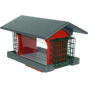image:imageDutchCrafters Large Plastic Poly Hopper Bird Feeder with Two Suet Cages Bird Feeders for Outdoors for Food or Seed Gray amp Bright Red  Post MountPost Mount  Gray  Bright Red